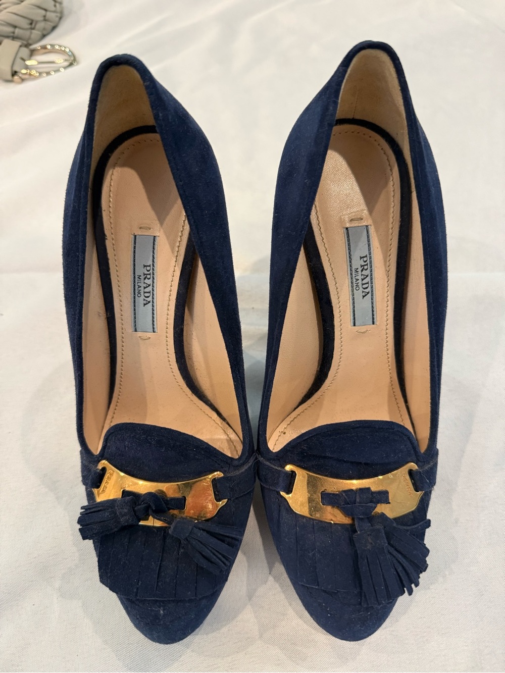 Prada Navy Suede Tassel Heels - Sz. 38